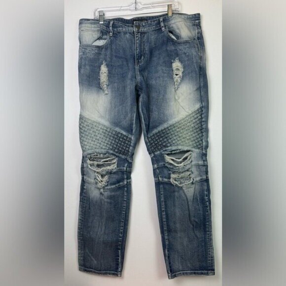 EMBELLISH Turkish Biker Denim Blue Wash Jeans Distressed Basket Weave Sz 38X34 - Picture 4 of 12